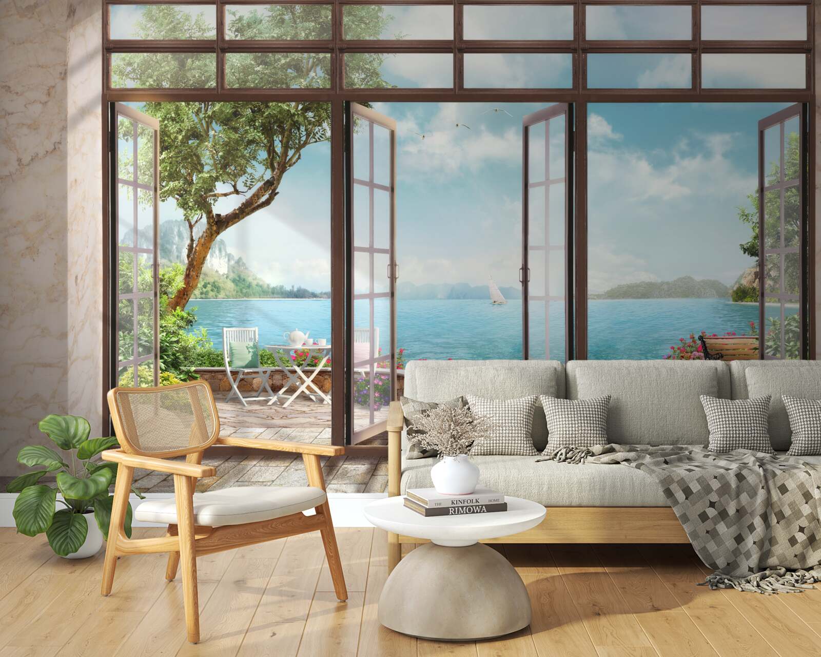 Carta da parati balcone estivo con vista mare