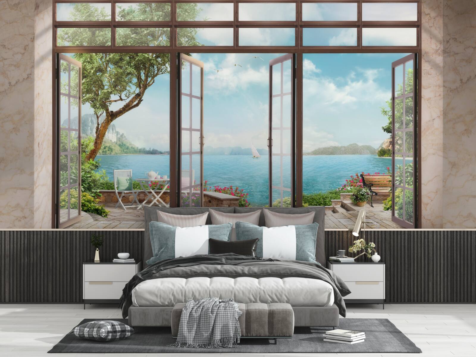 Carta da parati balcone estivo con vista mare
