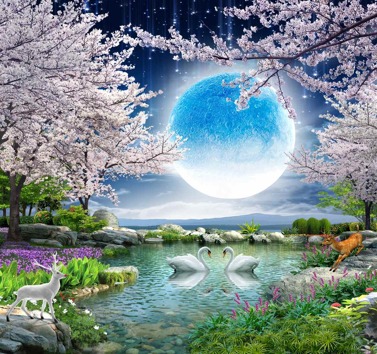Carta da parati Luna blu astratta su sfondo lago con fiori di ciliegio