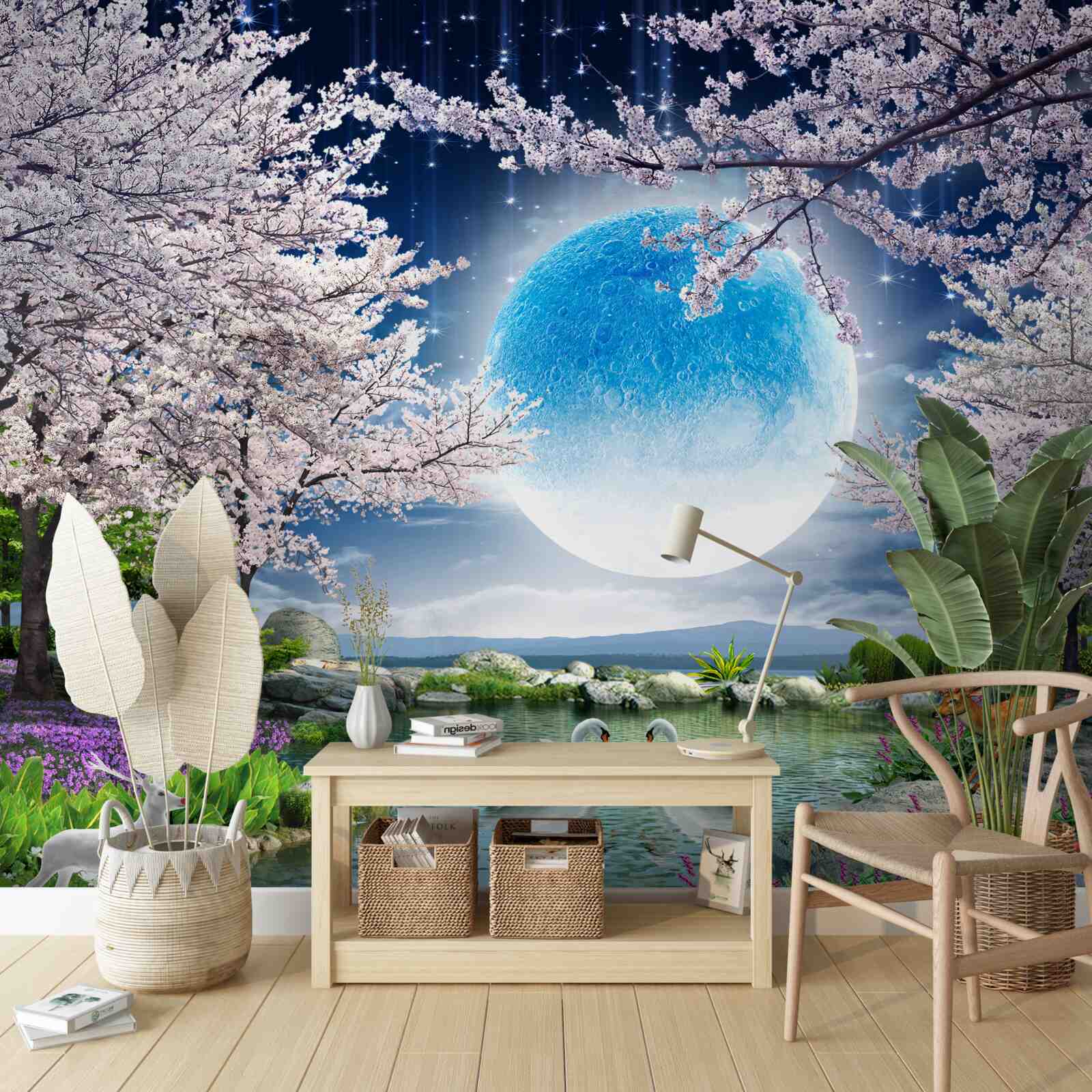 Carta da parati Luna blu astratta su sfondo lago con fiori di ciliegio