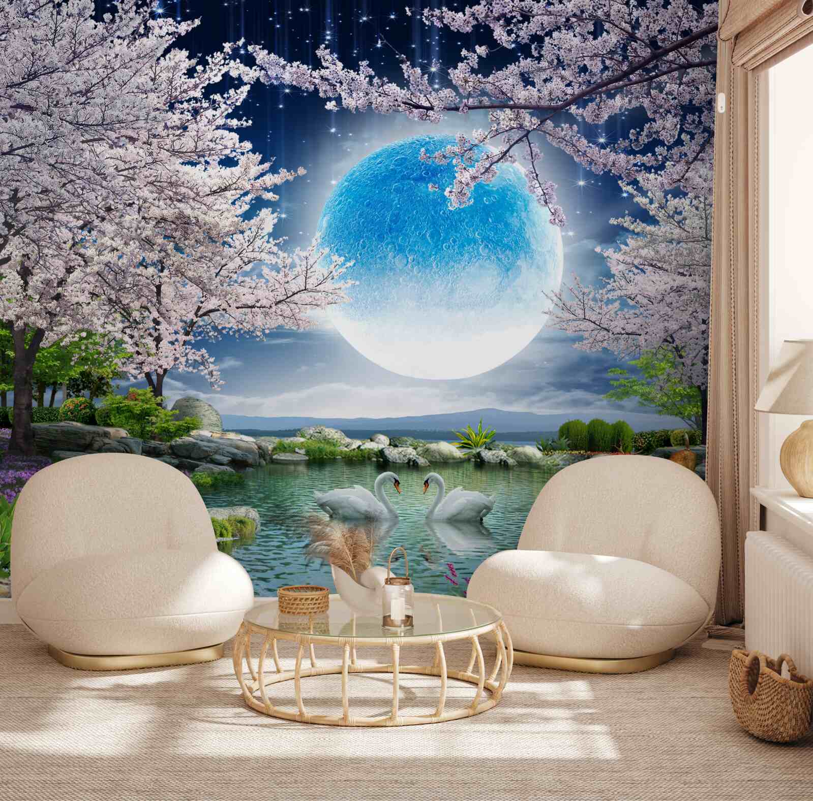 Carta da parati Luna blu astratta su sfondo lago con fiori di ciliegio