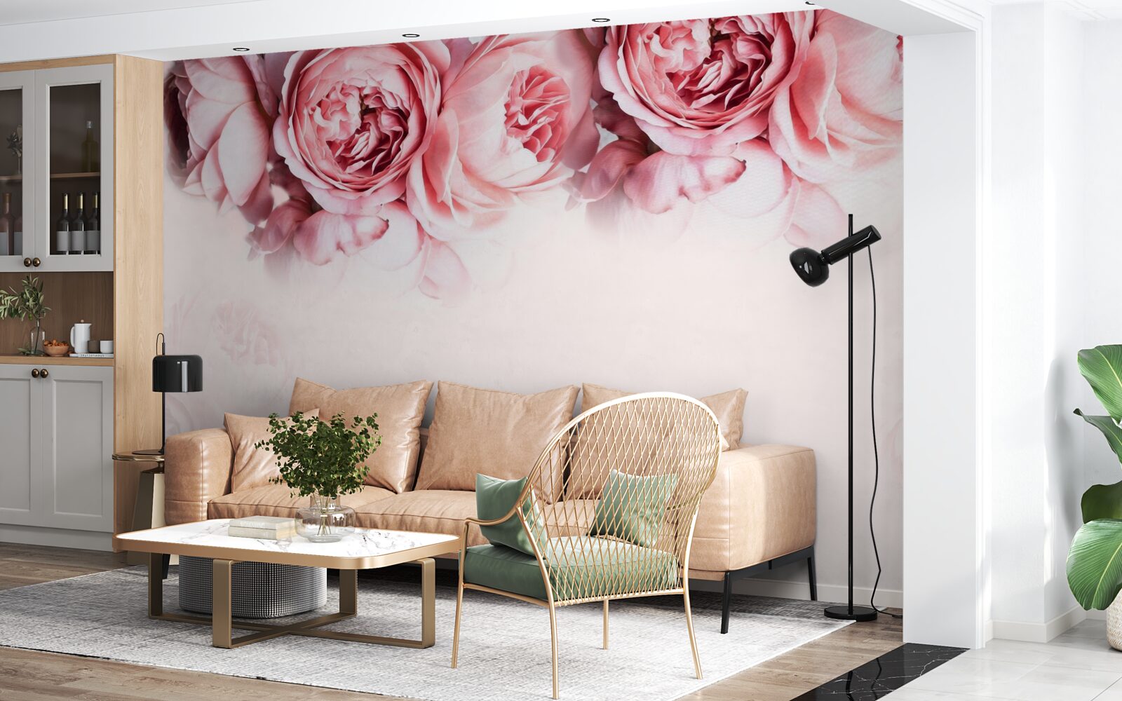 Carta da parati peonie rosa e bianche su sfondo chiaro