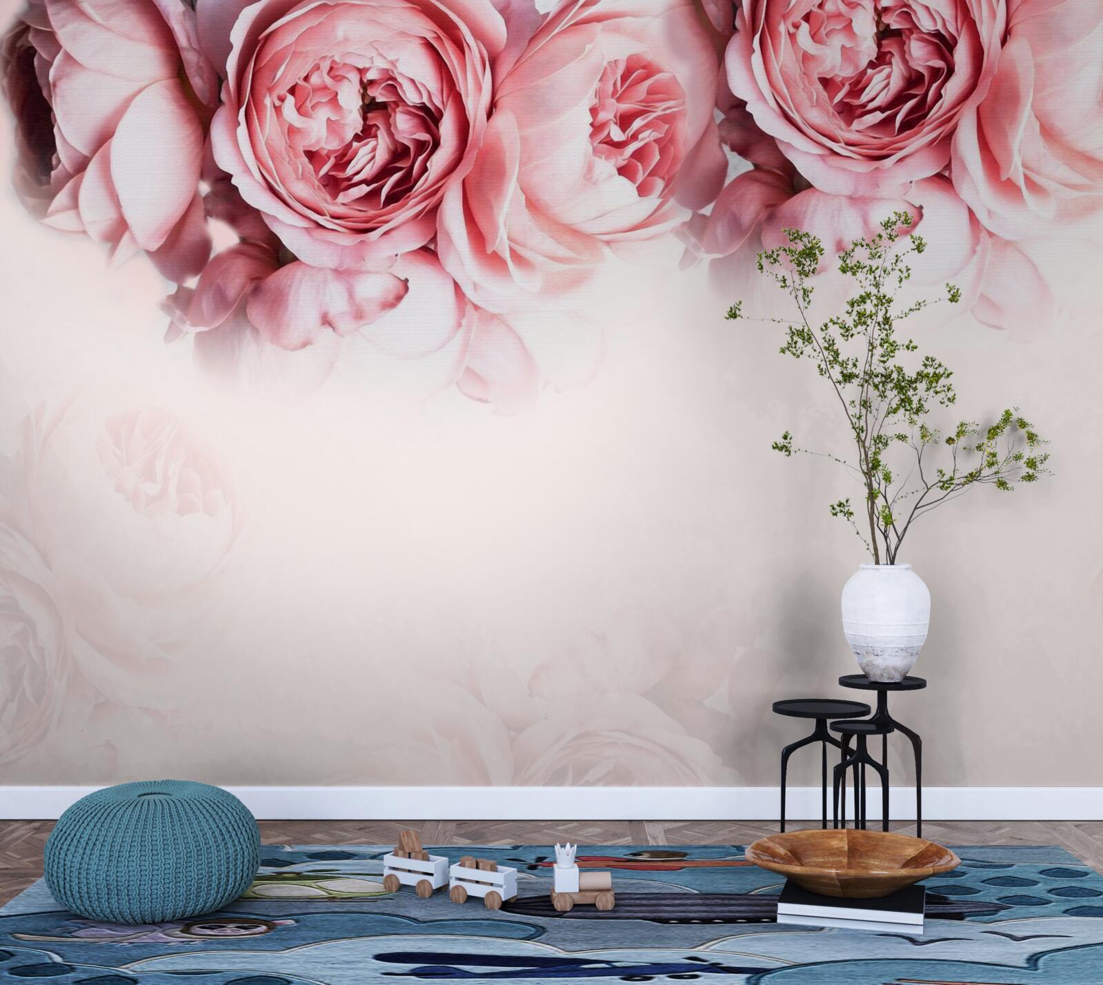 Carta da parati peonie rosa e bianche su sfondo chiaro