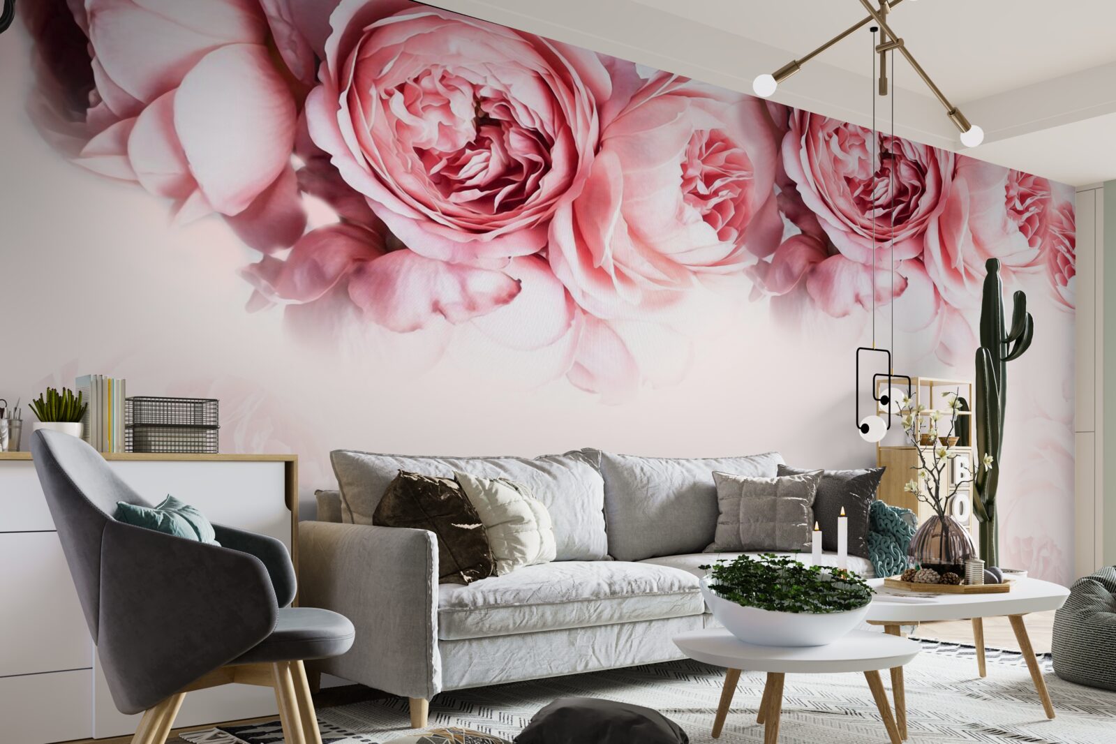 Carta da parati peonie rosa e bianche su sfondo chiaro