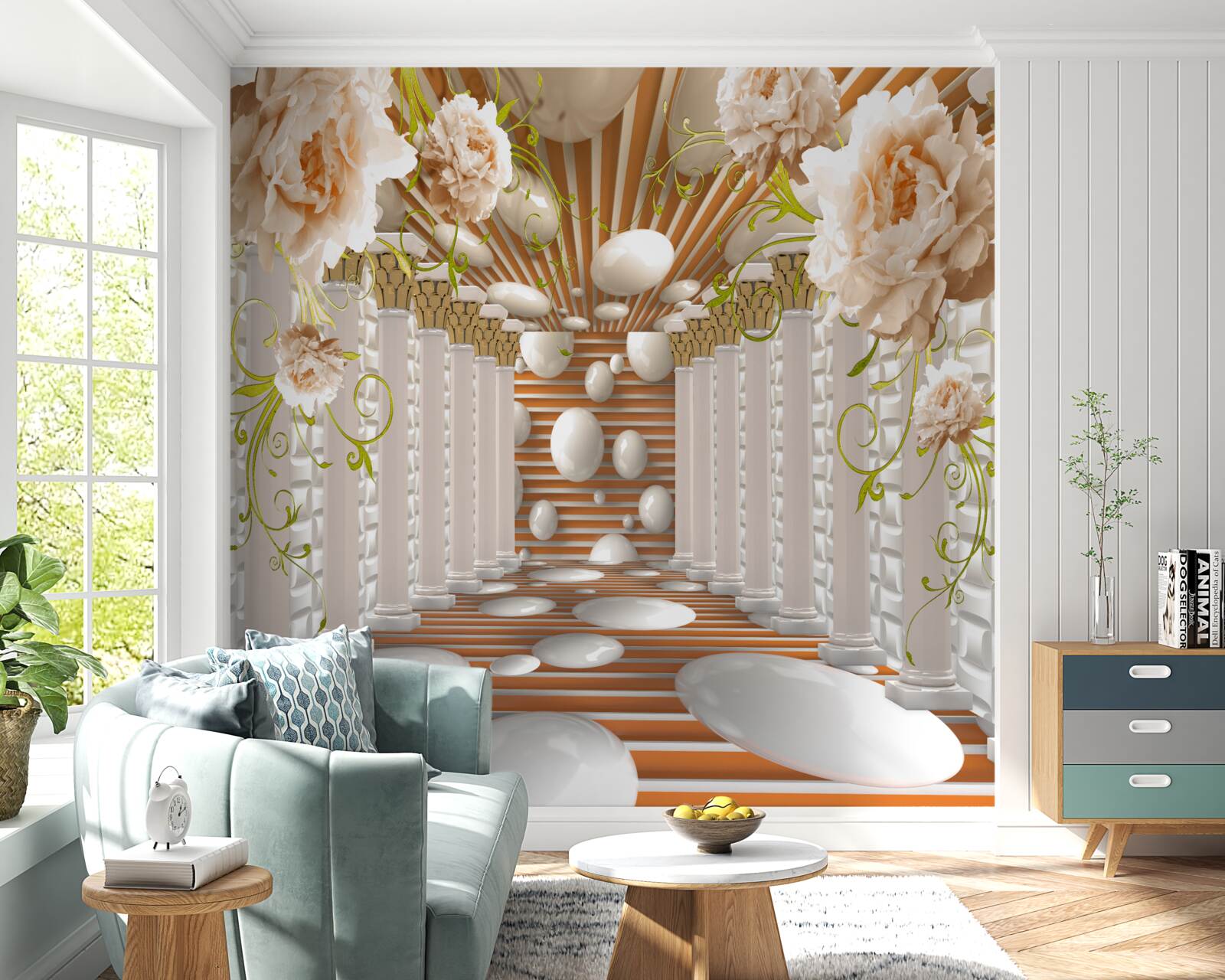 Carta da parati archi di pietra a forma di fiori e figure formano un tunnel