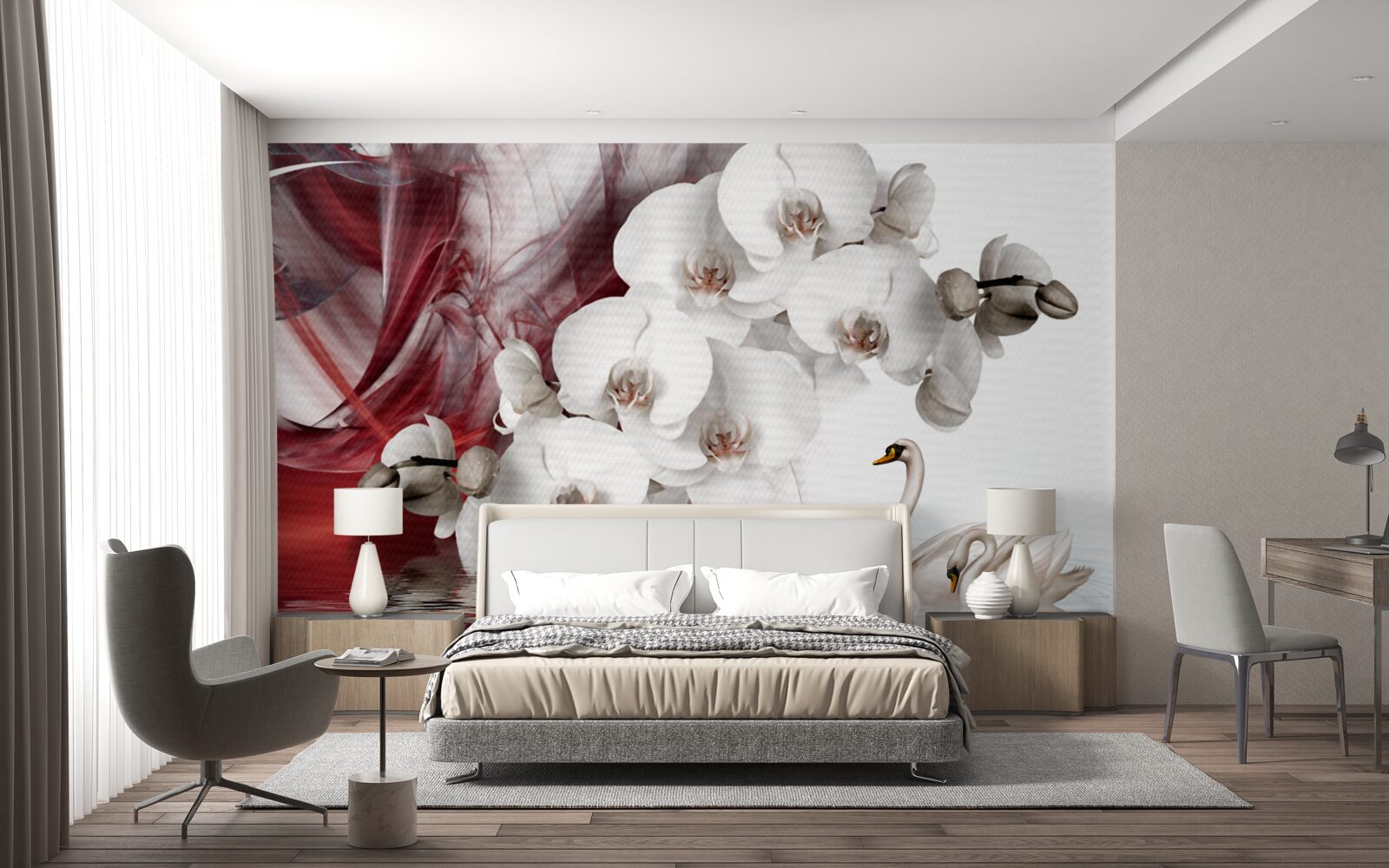 Fototapeta orchidee z białymi pąkami w pobliżu stawu z łabędziami