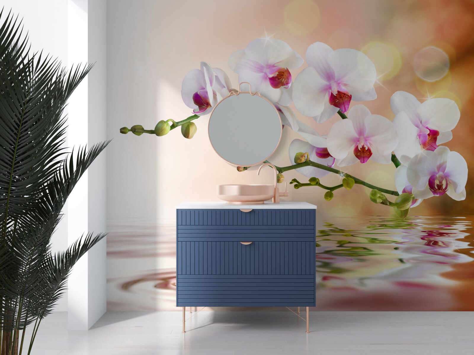 Fototapeta gałąź białej orchidei odbita w wodzie
