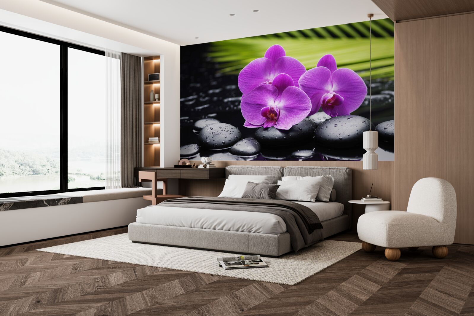Fototapeta fioletowa orchidea na czarnym kamieniu w pobliżu wody