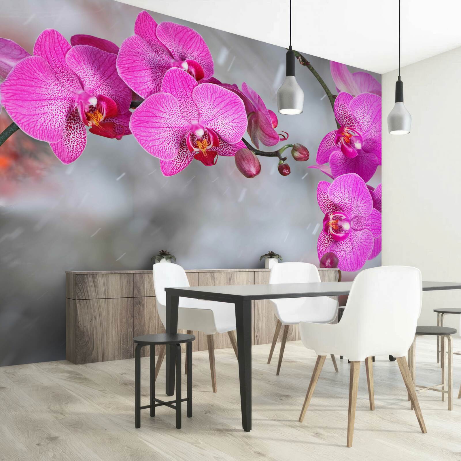 Fototapeta w deszczu kwitną różowe orchidee