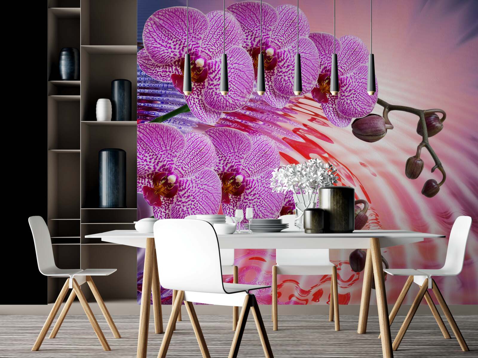 Fototapeta odbicie orchidei lamparta z gałęziami bzu