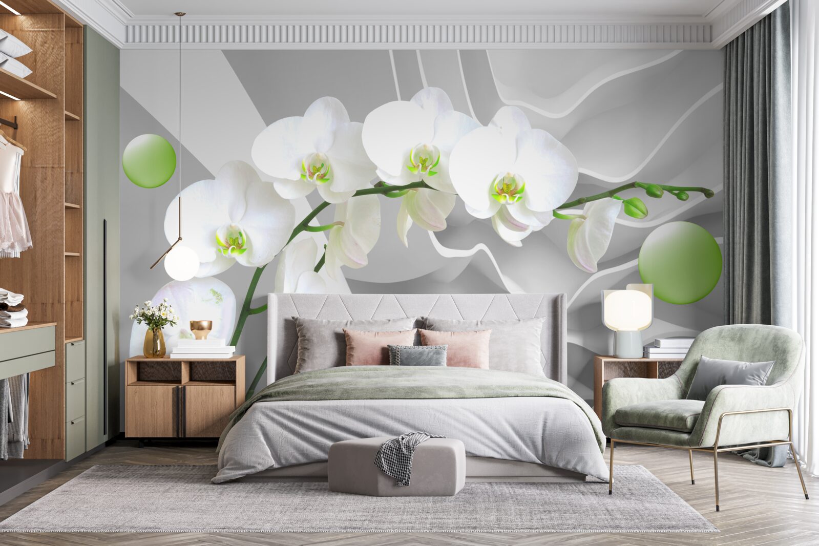 Fototapeta potajemnie pływające zielone kulki i blada orchidea