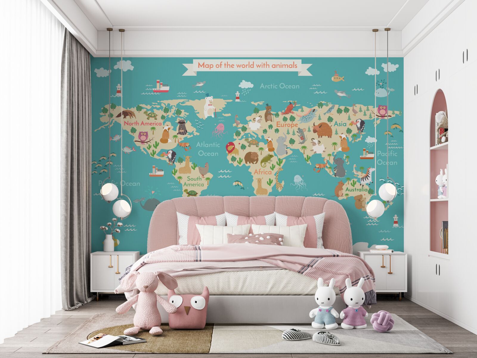 Carta da parati mappa del mondo con vari elementi dettagliati