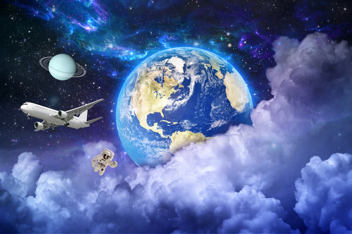 Fototapeta samolot i astronauta w przestrzeni kosmicznej