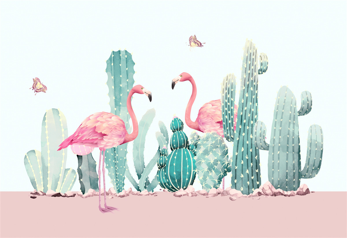 Carta da parati fenicotteri rosa tra i cactus