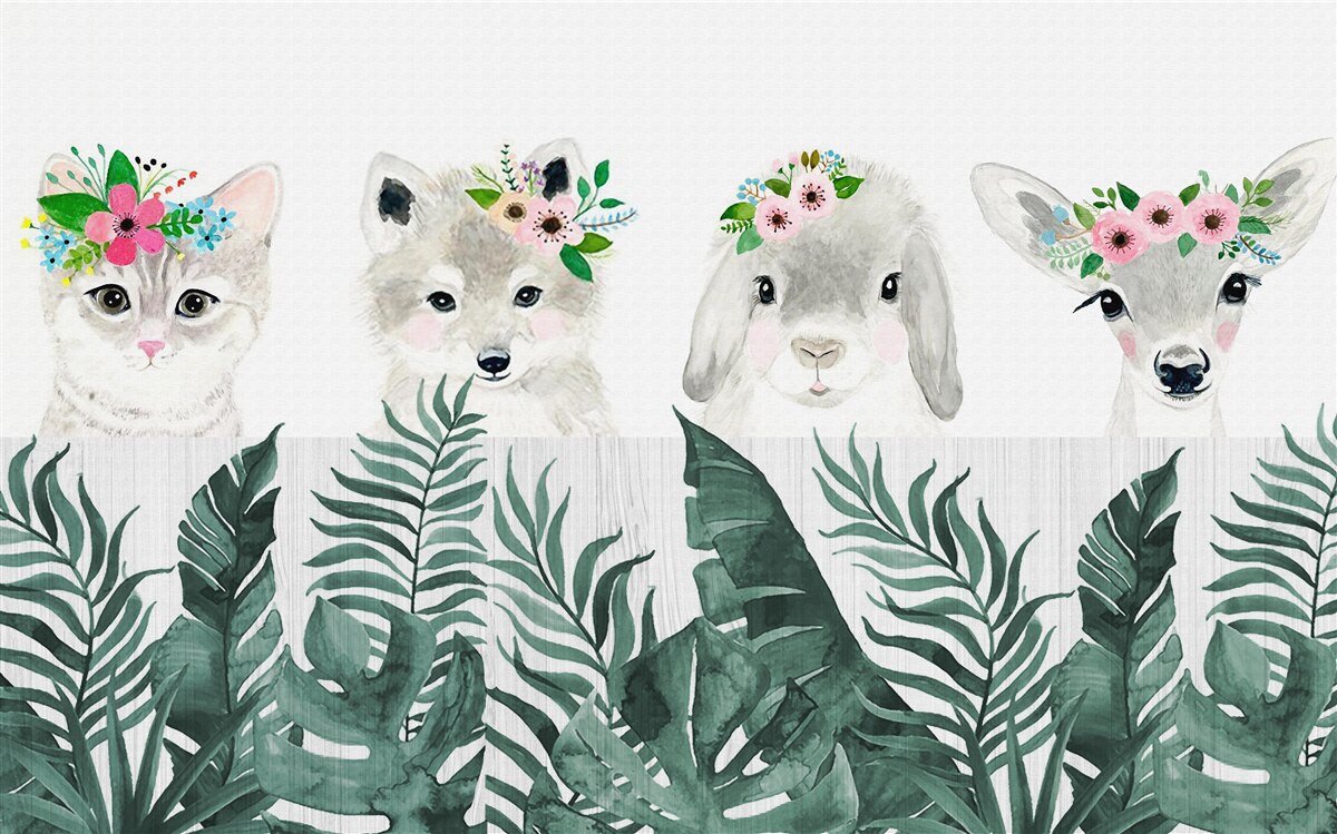 Carta da parati facce di animali con fiori