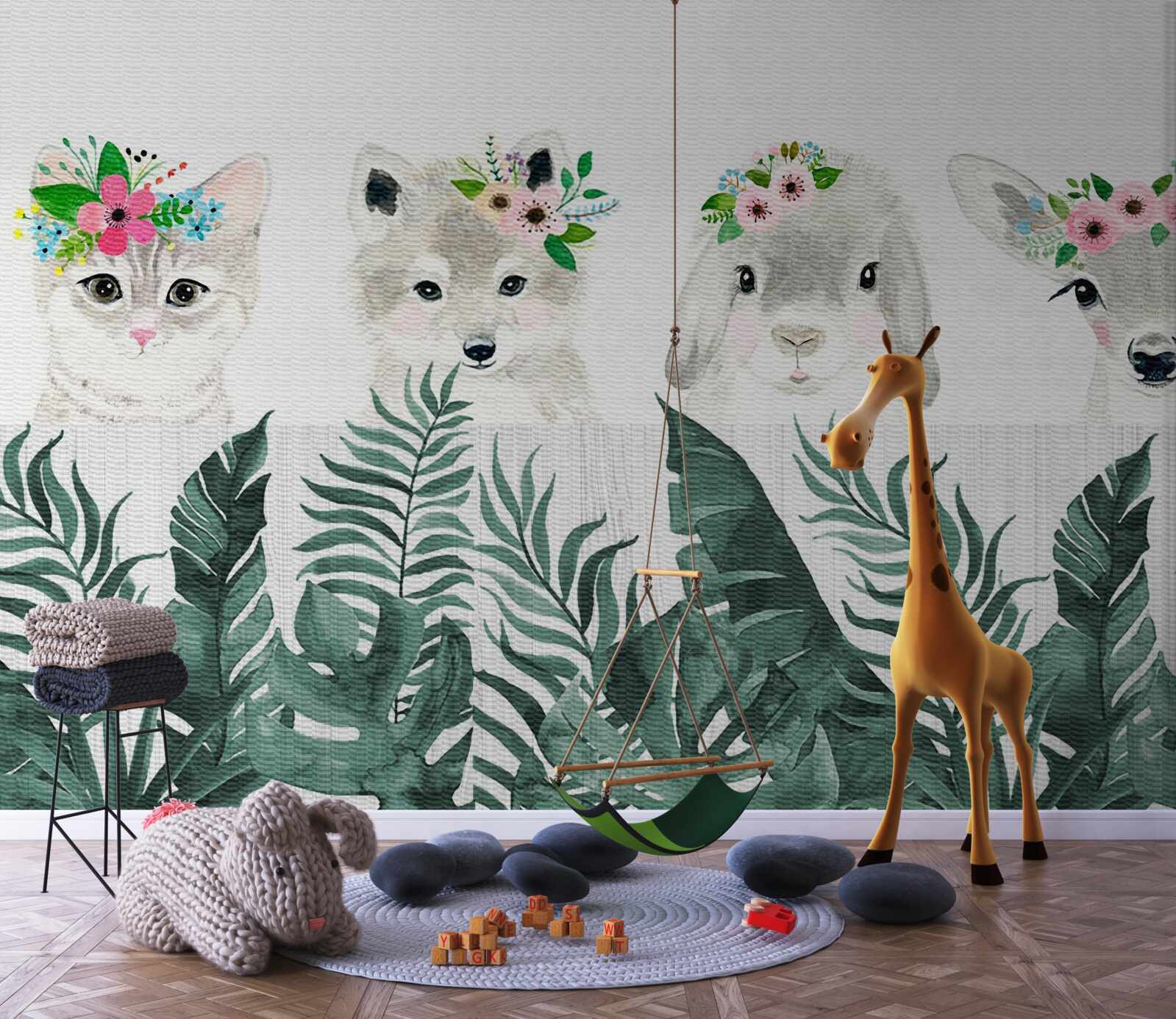 Carta da parati facce di animali con fiori