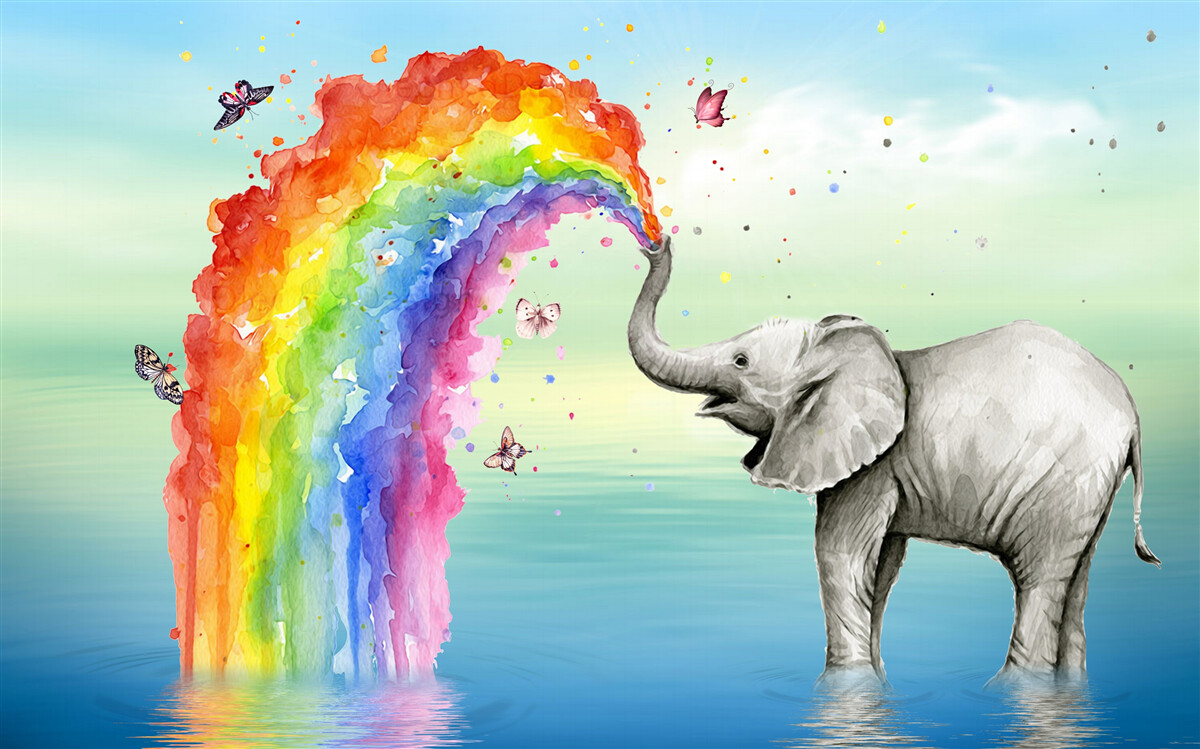 Carta da parati un arcobaleno vola fuori dalla proboscide di un elefante
