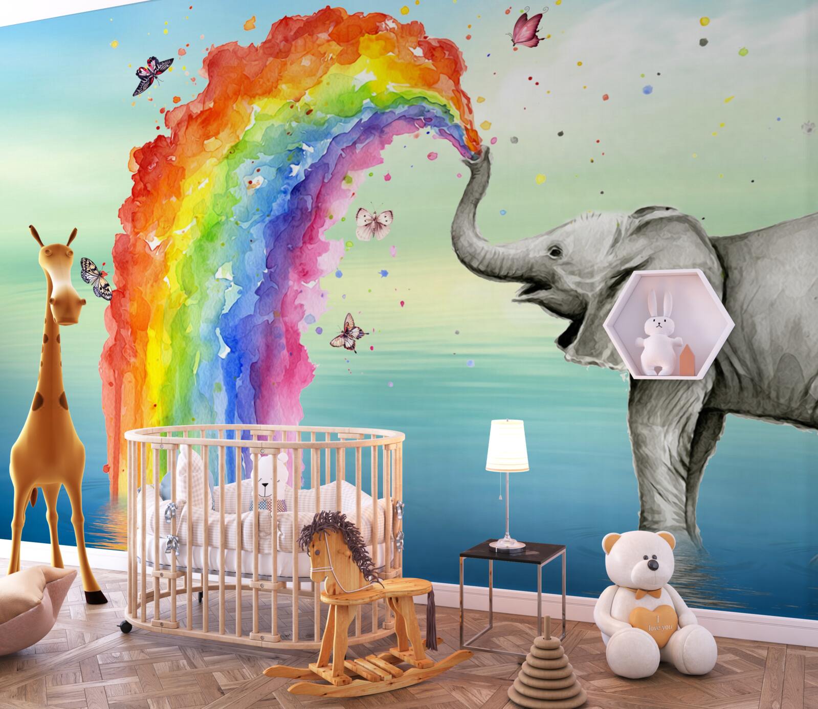 Carta da parati un arcobaleno vola fuori dalla proboscide di un elefante