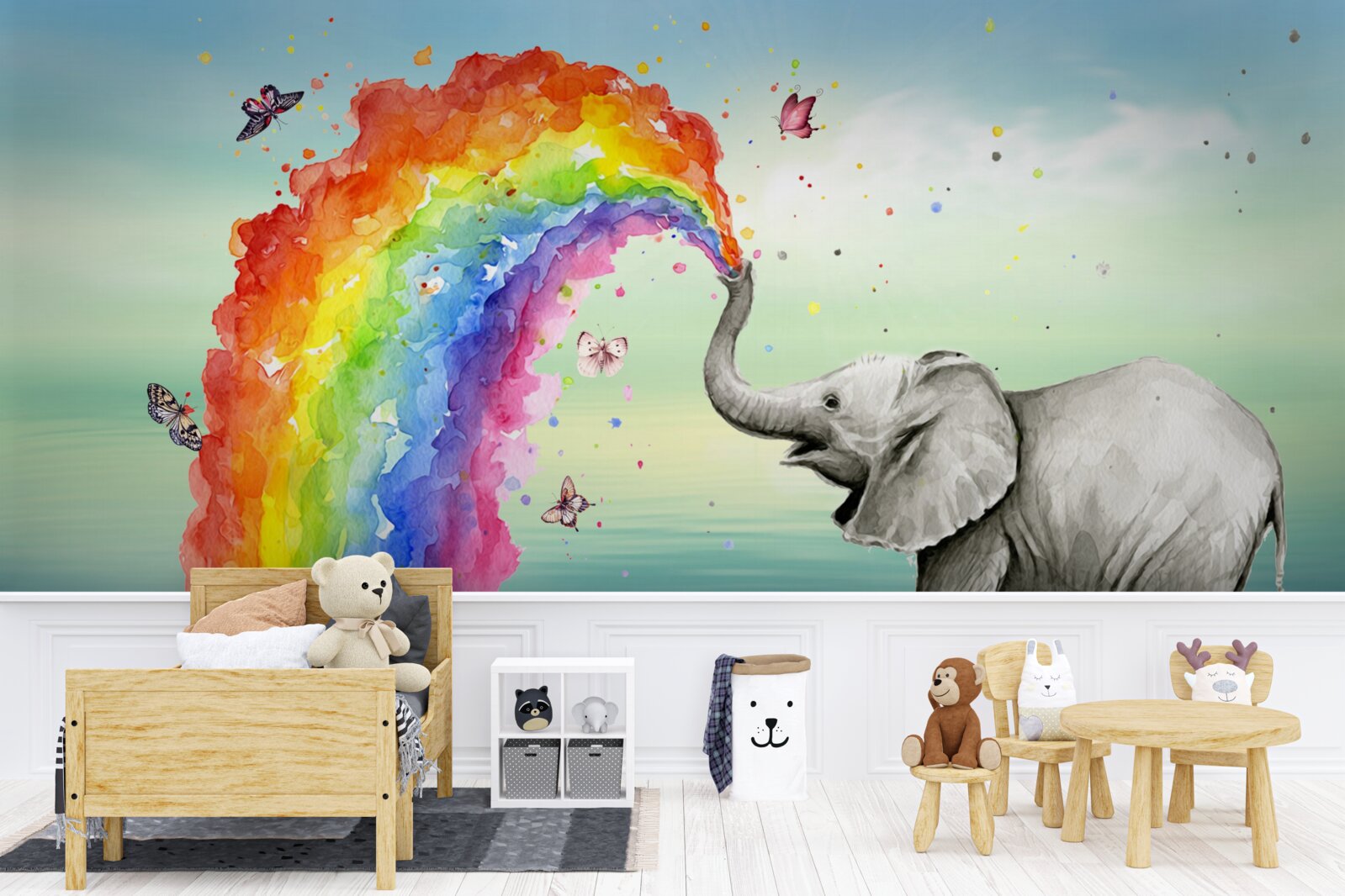 Carta da parati un arcobaleno vola fuori dalla proboscide di un elefante