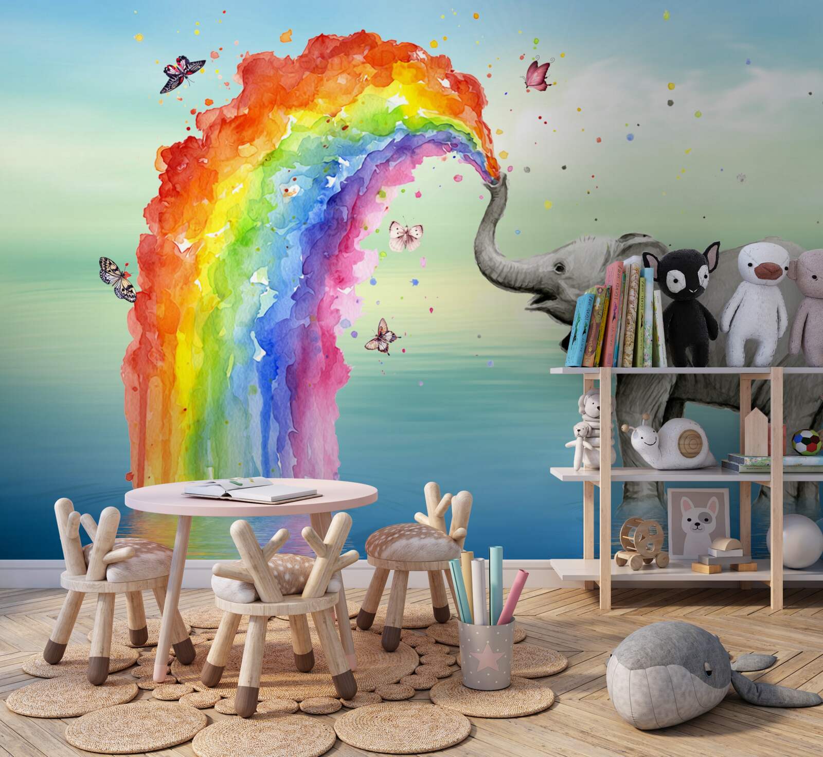 Carta da parati un arcobaleno vola fuori dalla proboscide di un elefante