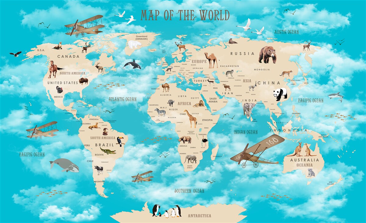 Carta da parati mappa del mondo con dettagli su sfondo turchese