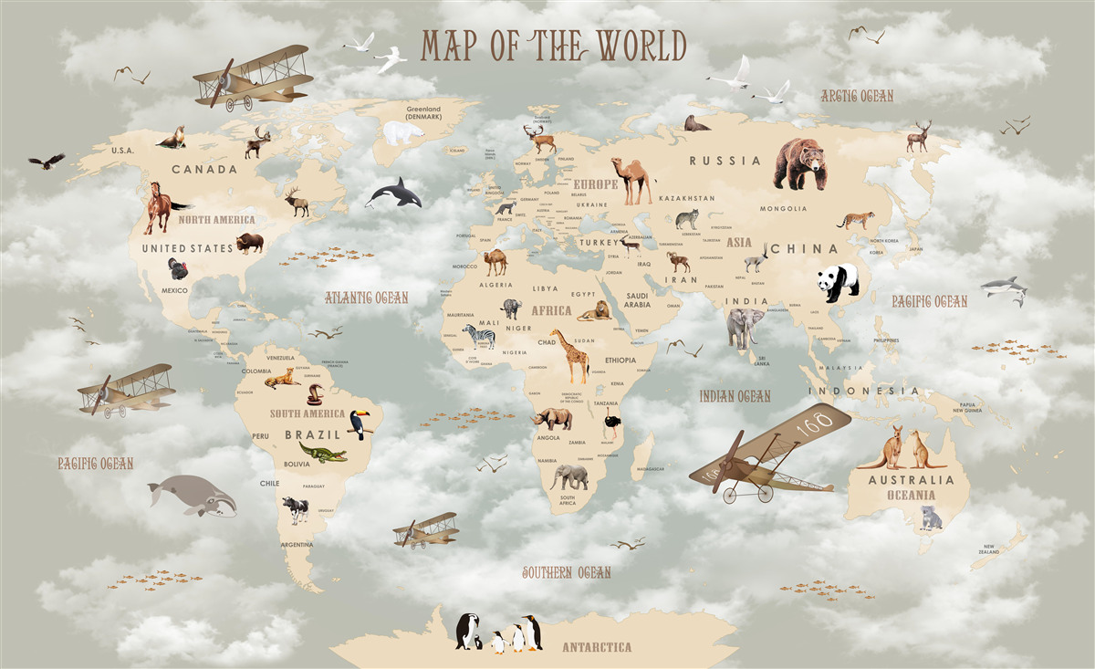 Carta da parati Mappa del mondo con animali e trasporti