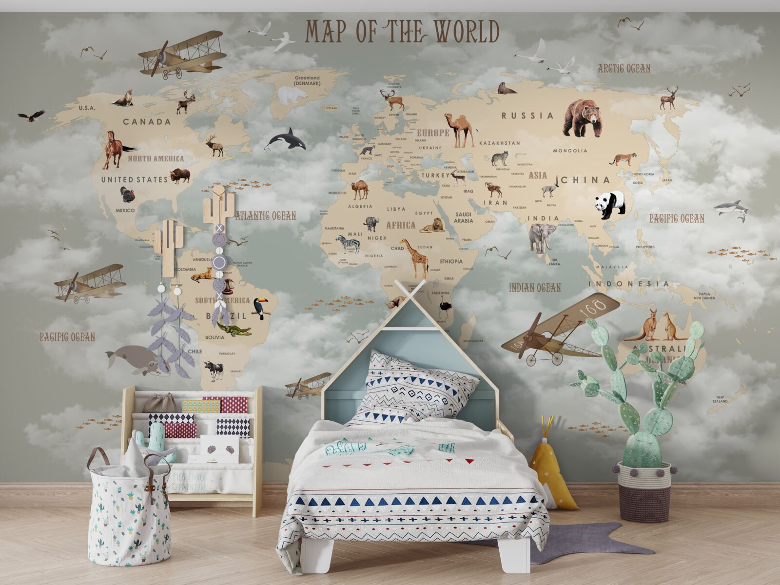 Carta da parati Mappa del mondo con animali e trasporti