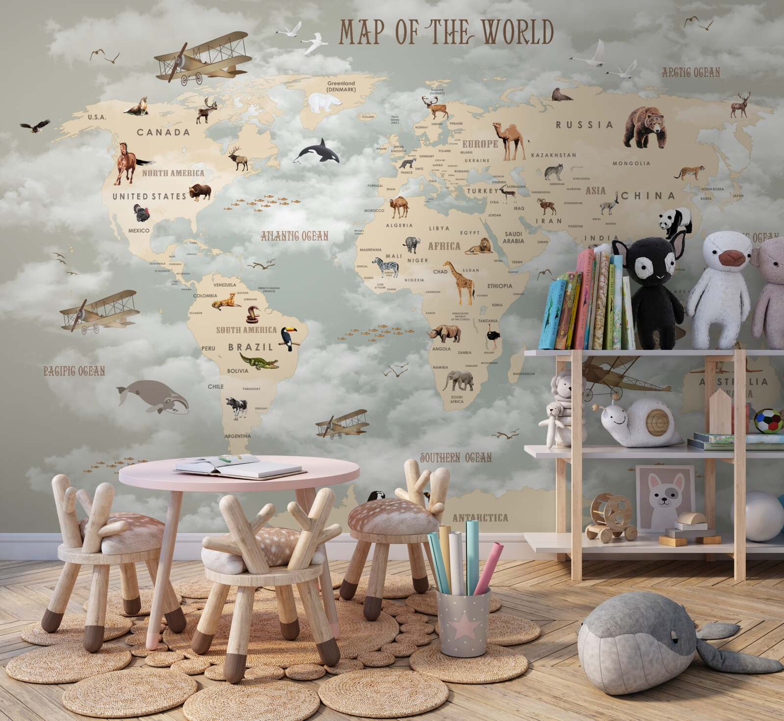 Carta da parati Mappa del mondo con animali e trasporti