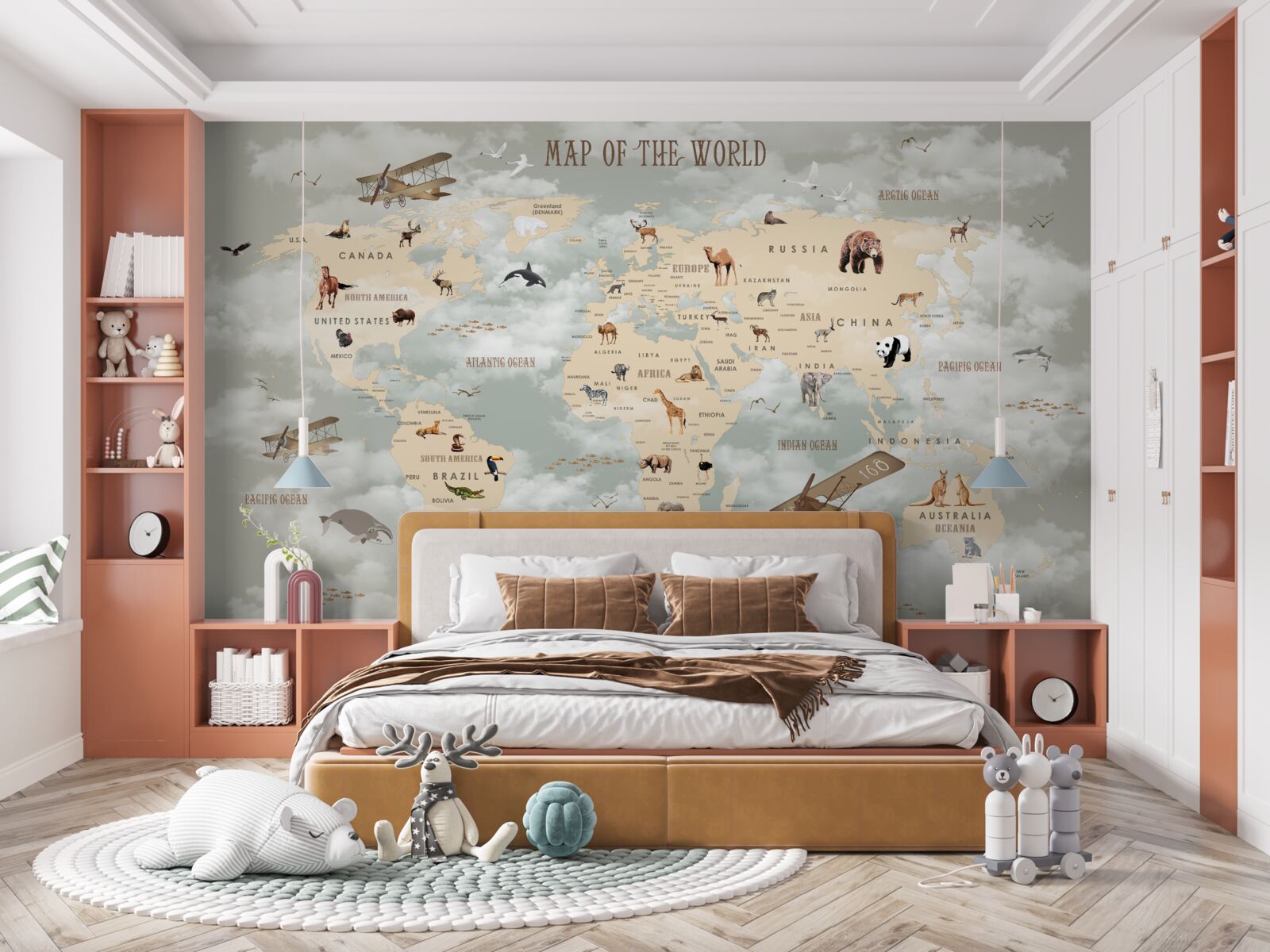 Carta da parati Mappa del mondo con animali e trasporti