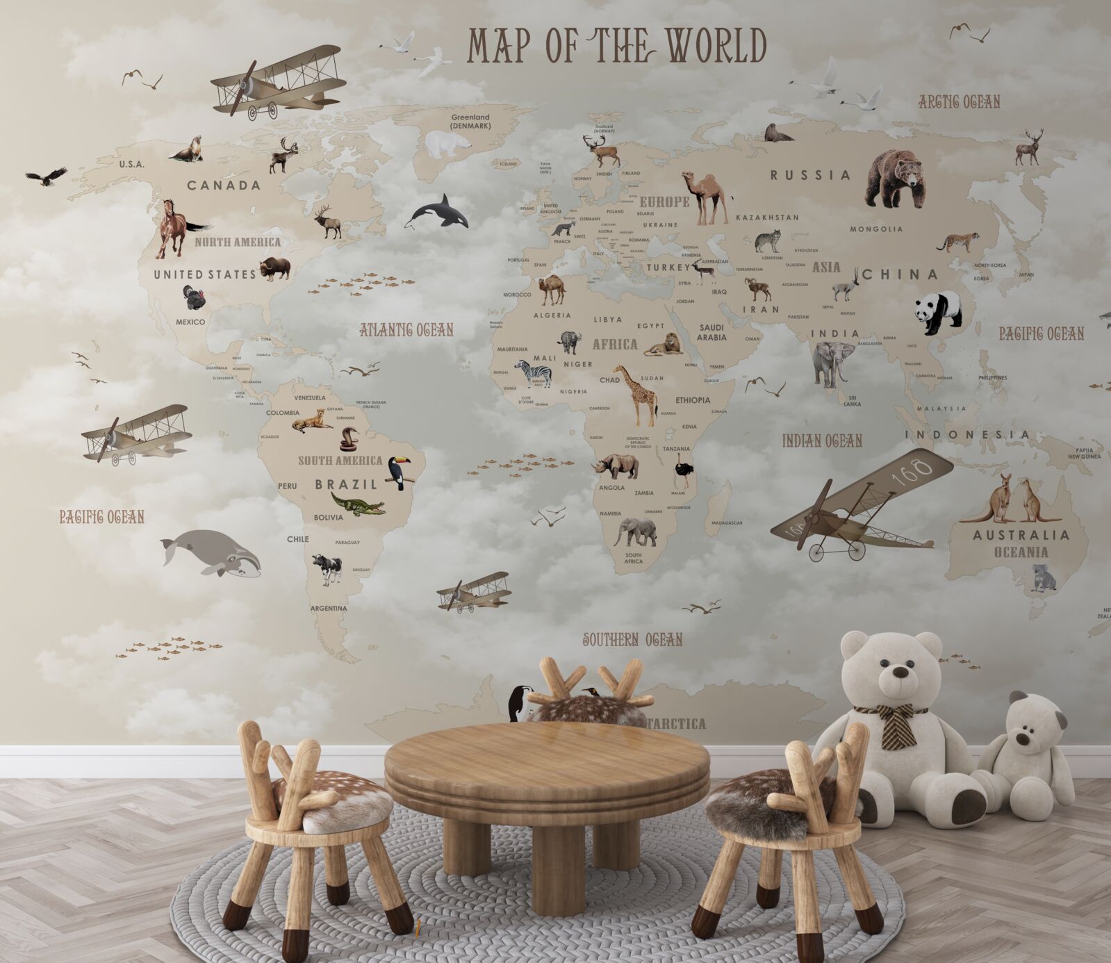 Carta da parati mappa del mondo in tonalità di marrone
