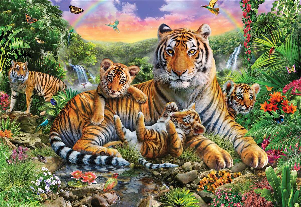 Carta da parati madre e cucciolo di tigre che riposano nella giungla