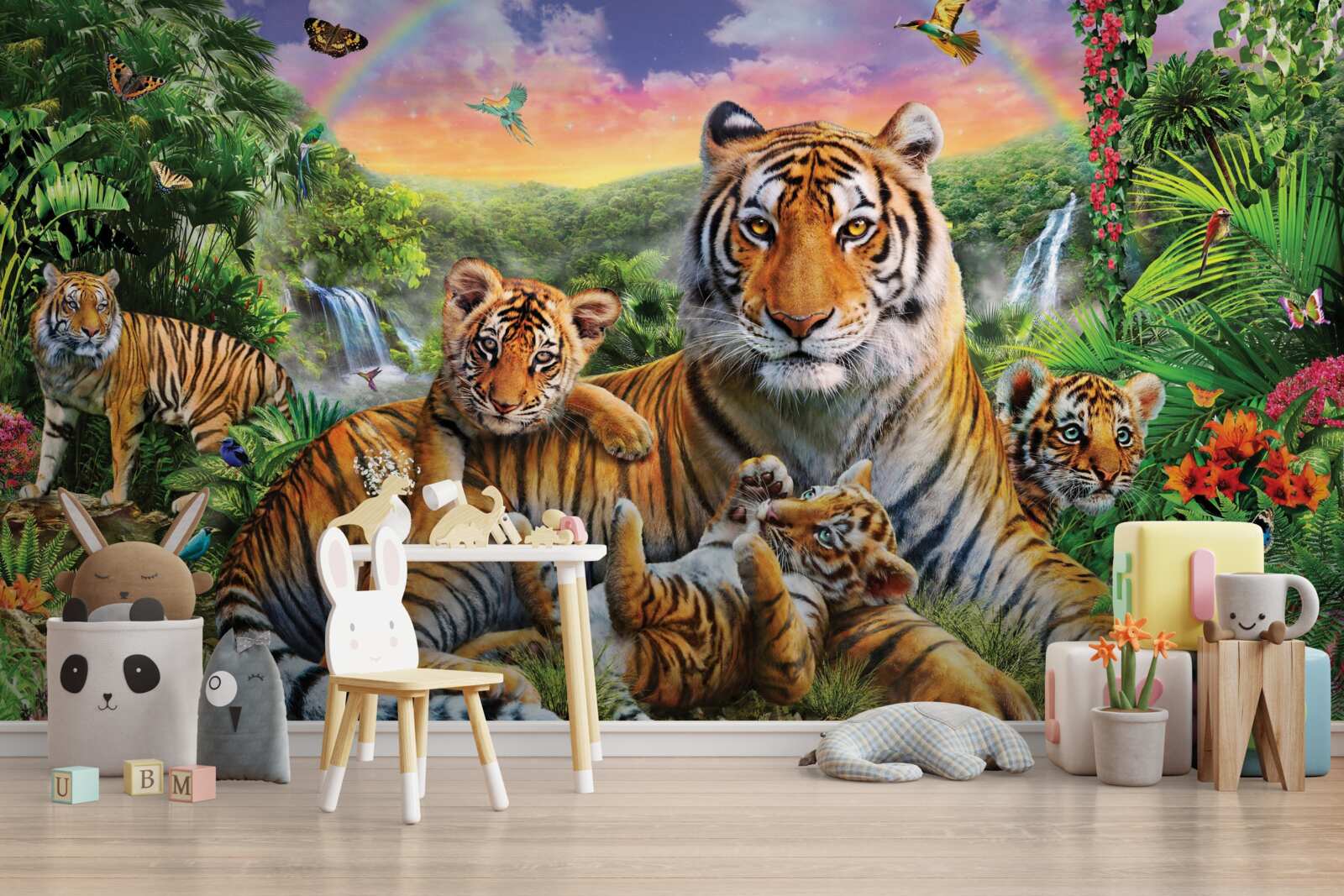 Carta da parati madre e cucciolo di tigre che riposano nella giungla