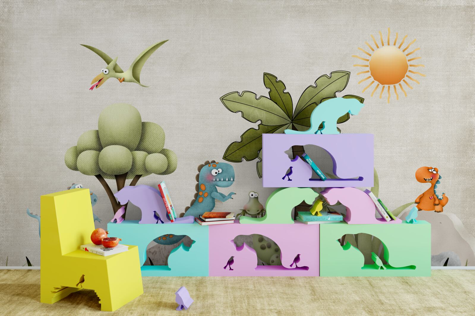 Carta da parati boschetto verde con dinosauri