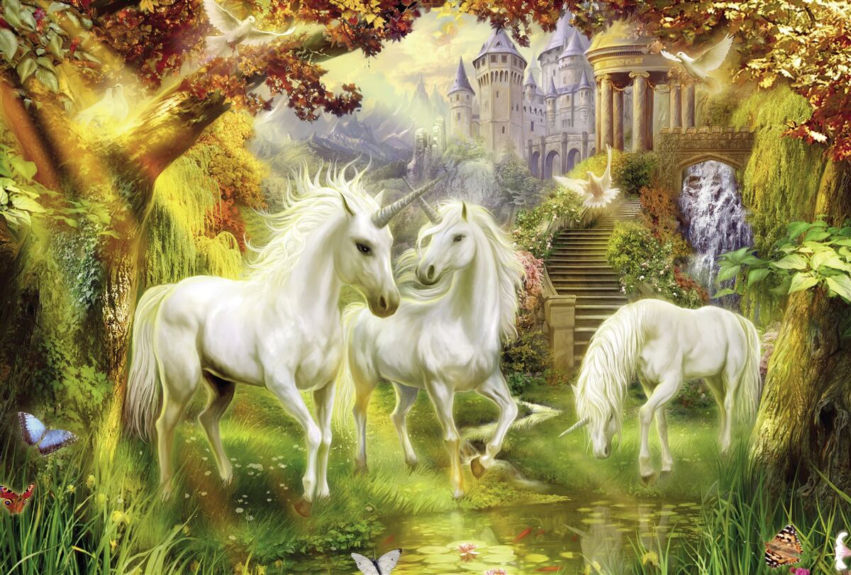 Carta da parati Gli unicorni sono candidi nella foresta vicino al castello