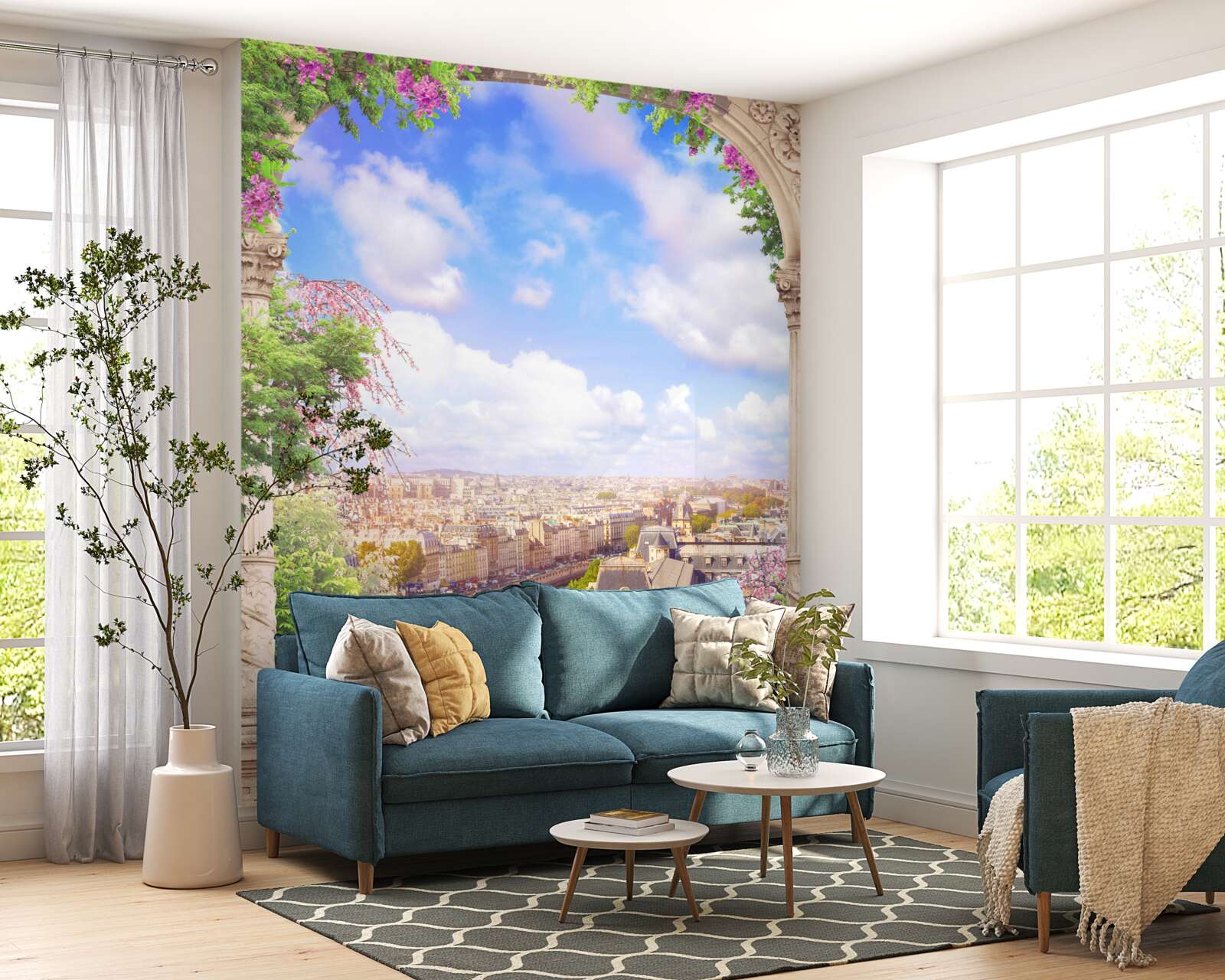 Fototapeta panorama miasta z kwitnącego balkonu
