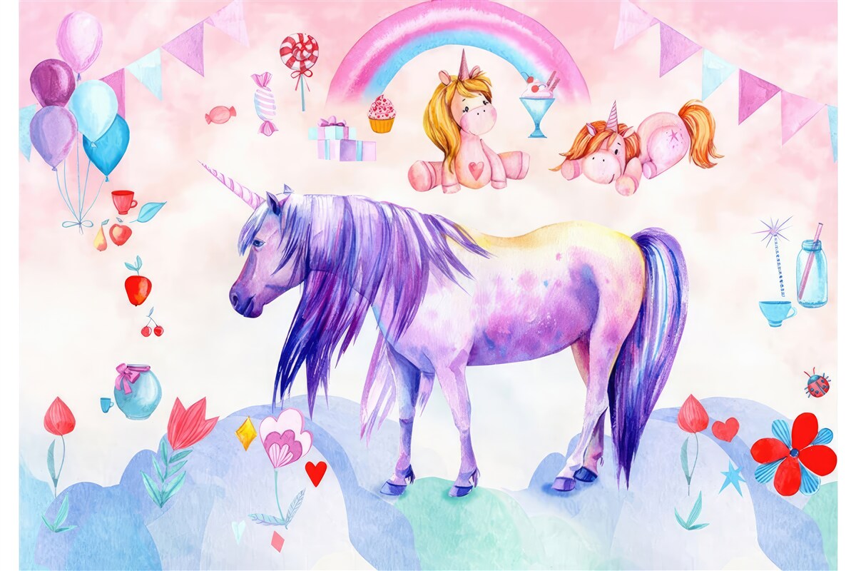 Carta da parati unicorni circondati da arcobaleni, fiori e regali