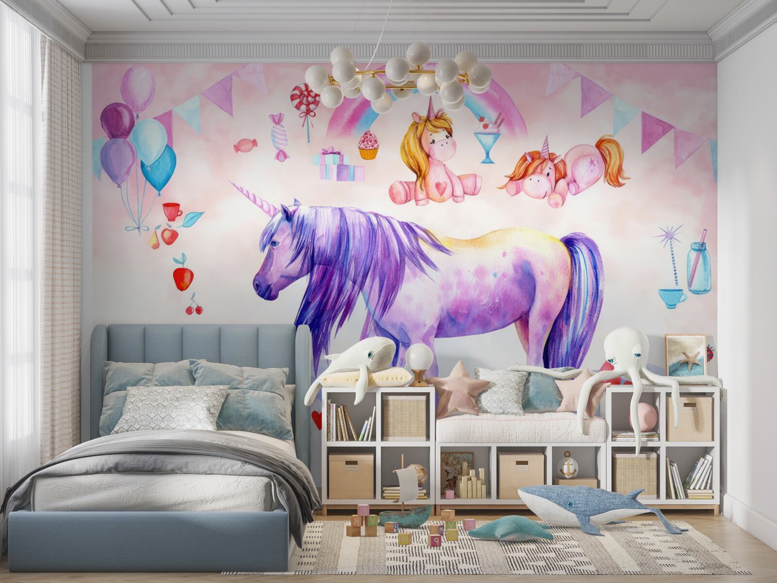 Carta da parati unicorni circondati da arcobaleni, fiori e regali