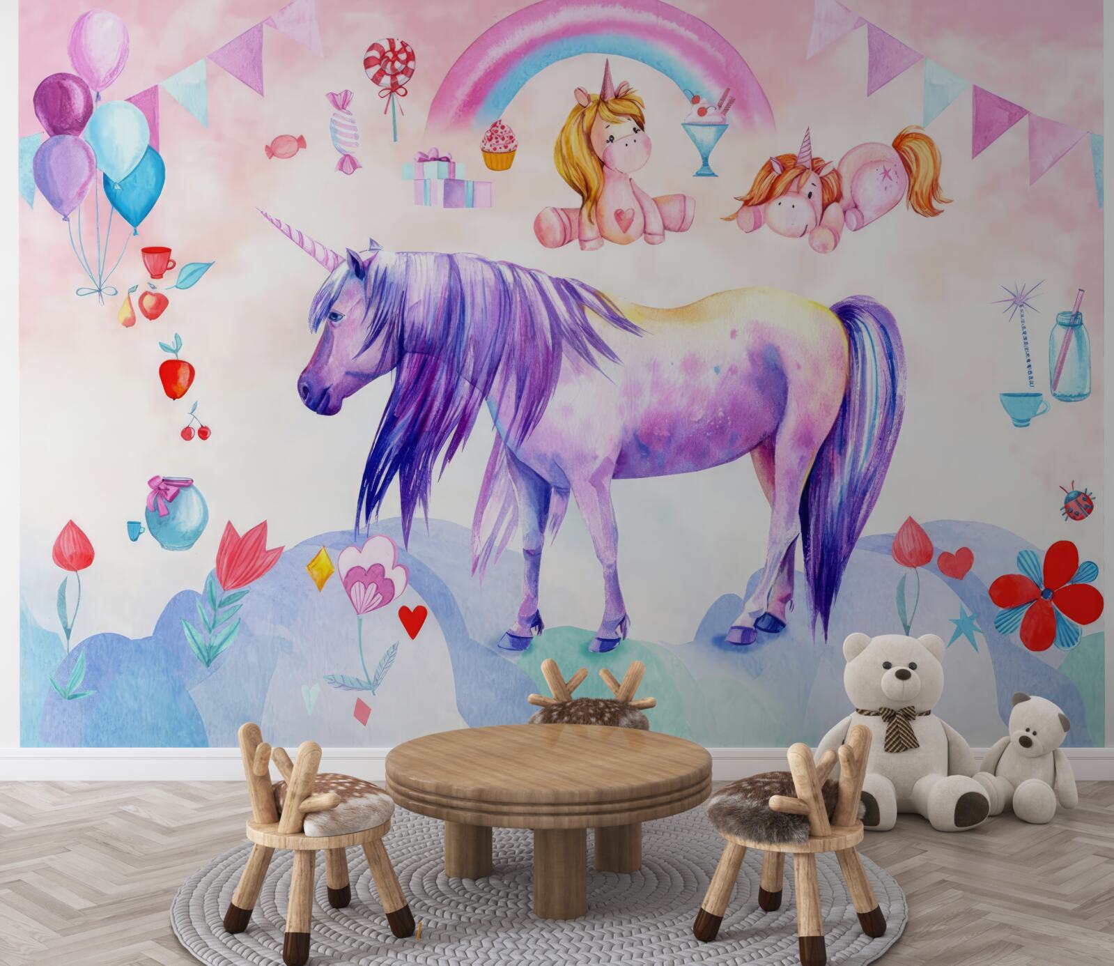 Carta da parati unicorni circondati da arcobaleni, fiori e regali