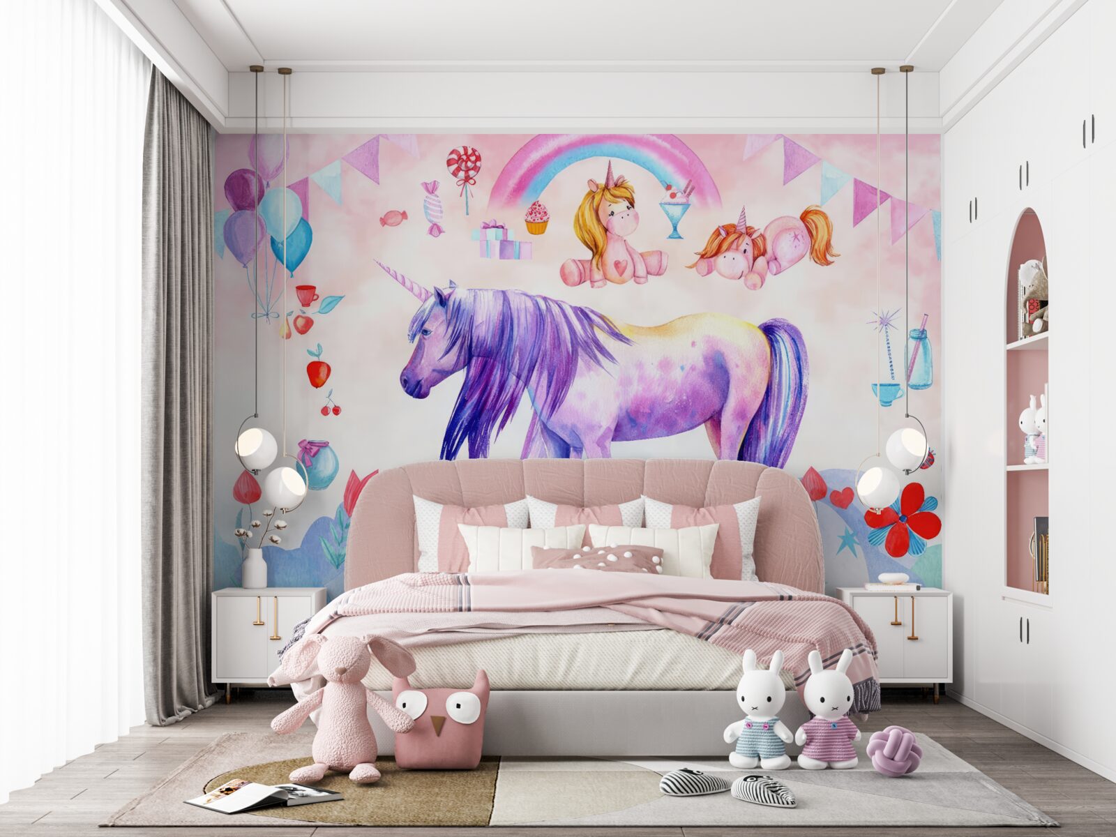 Carta da parati unicorni circondati da arcobaleni, fiori e regali
