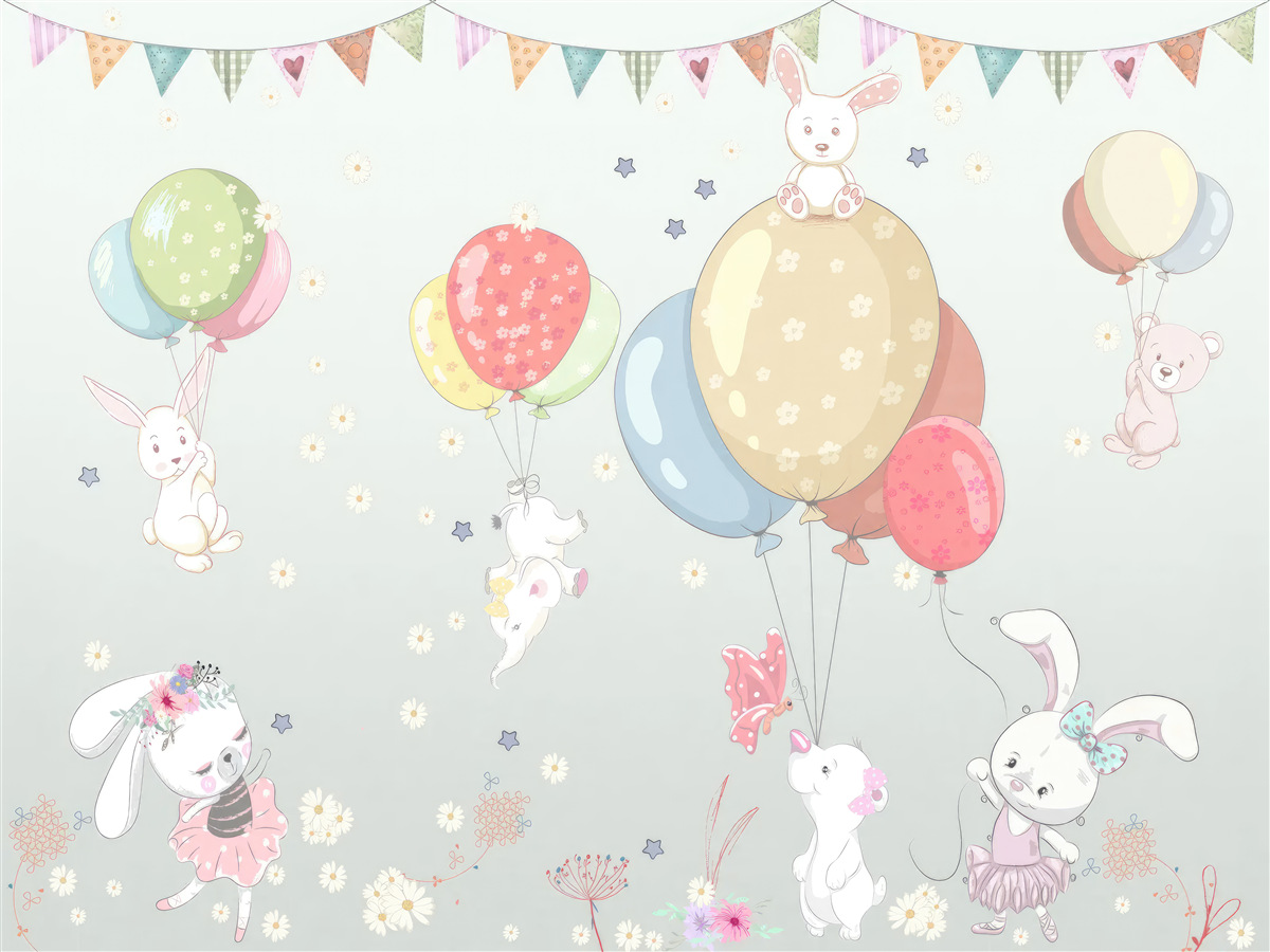 Carta da parati conigli e orsi con palloncini