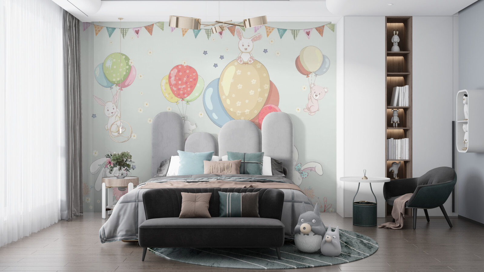 Carta da parati conigli e orsi con palloncini