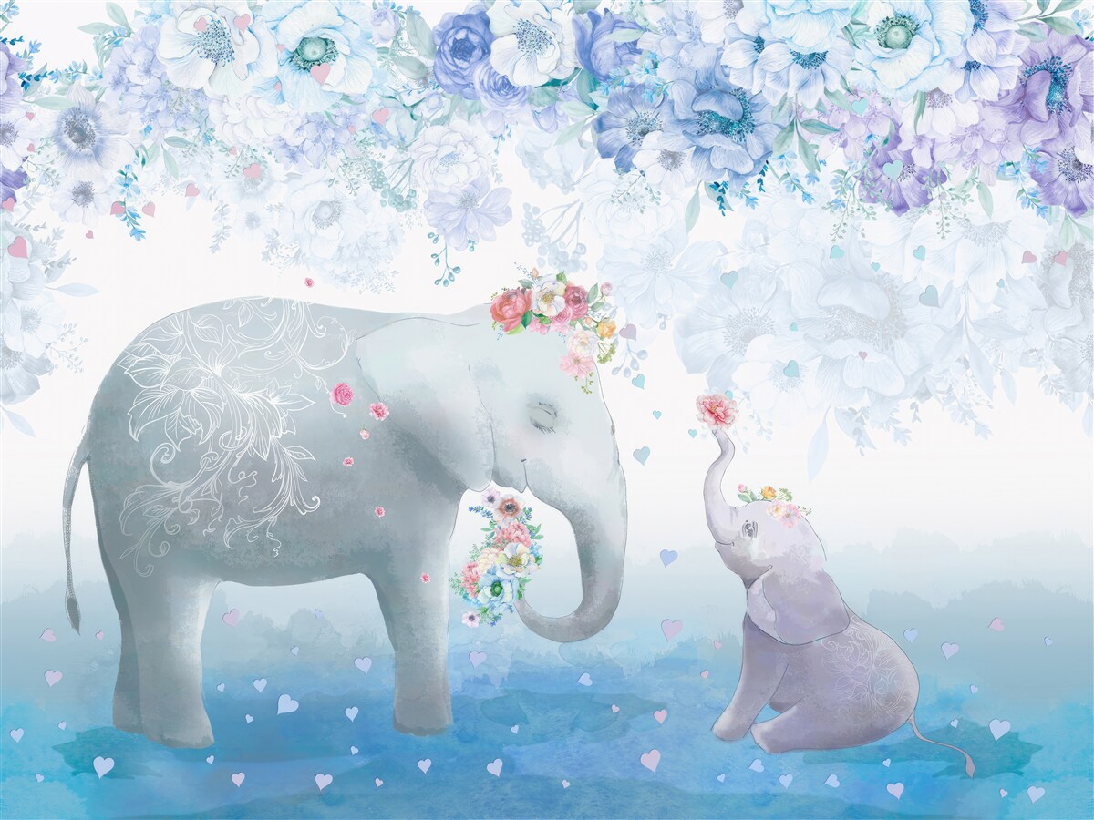 Carta da parati elefante con bambino tra i fiori