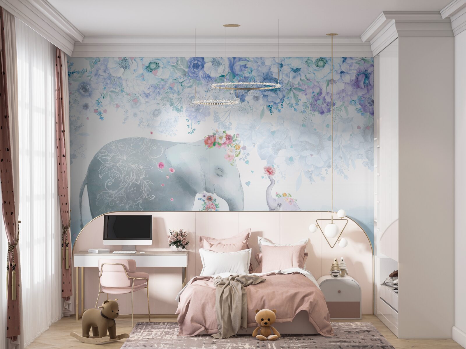 Carta da parati elefante con bambino tra i fiori