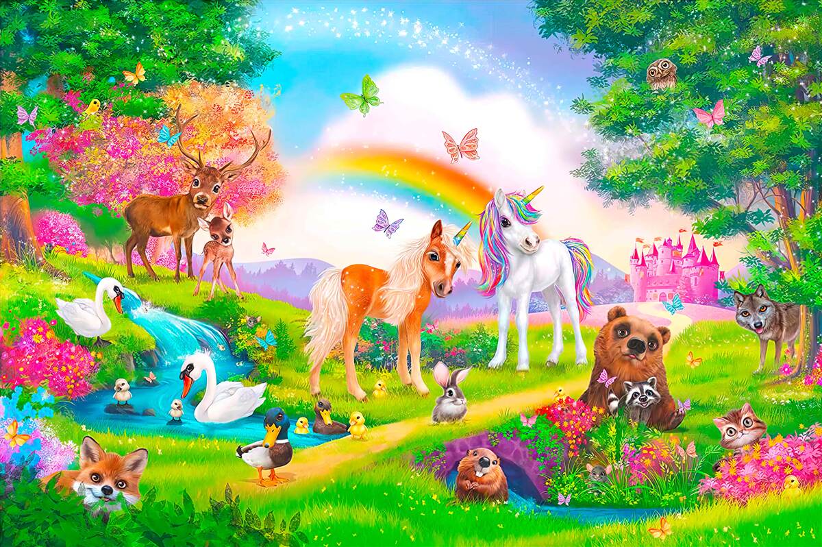 Carta da parati la radura della foresta è abitata da unicorni, animali, uccelli e farfalle