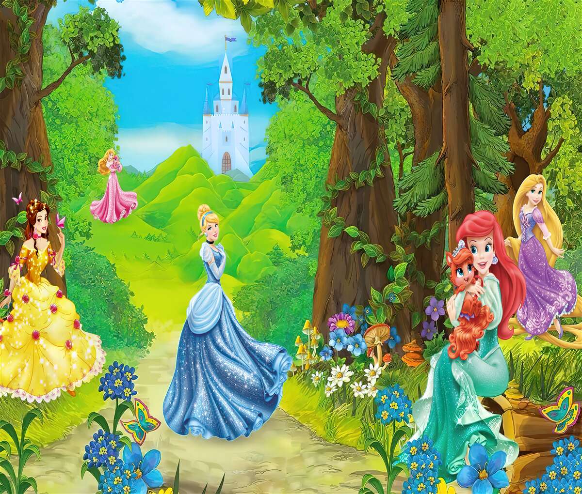 Carta da parati principesse dei cartoni animati Disney a spasso nel bosco