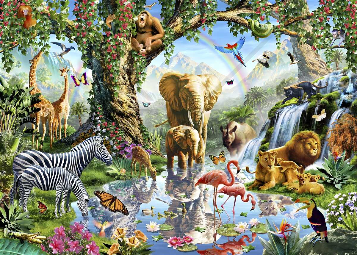 Carta da parati vari animali e uccelli nella foresta vicino allo stagno