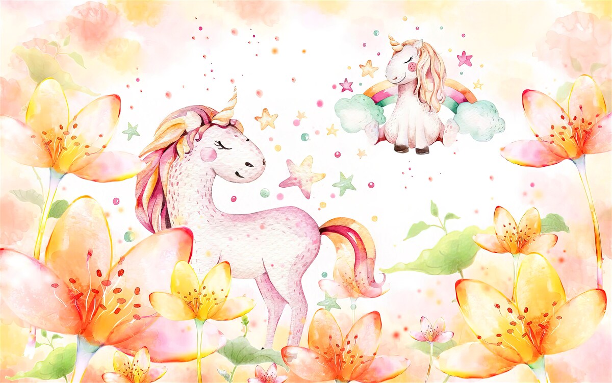 Carta da parati fiori intorno agli unicorni con gli occhi chiusi