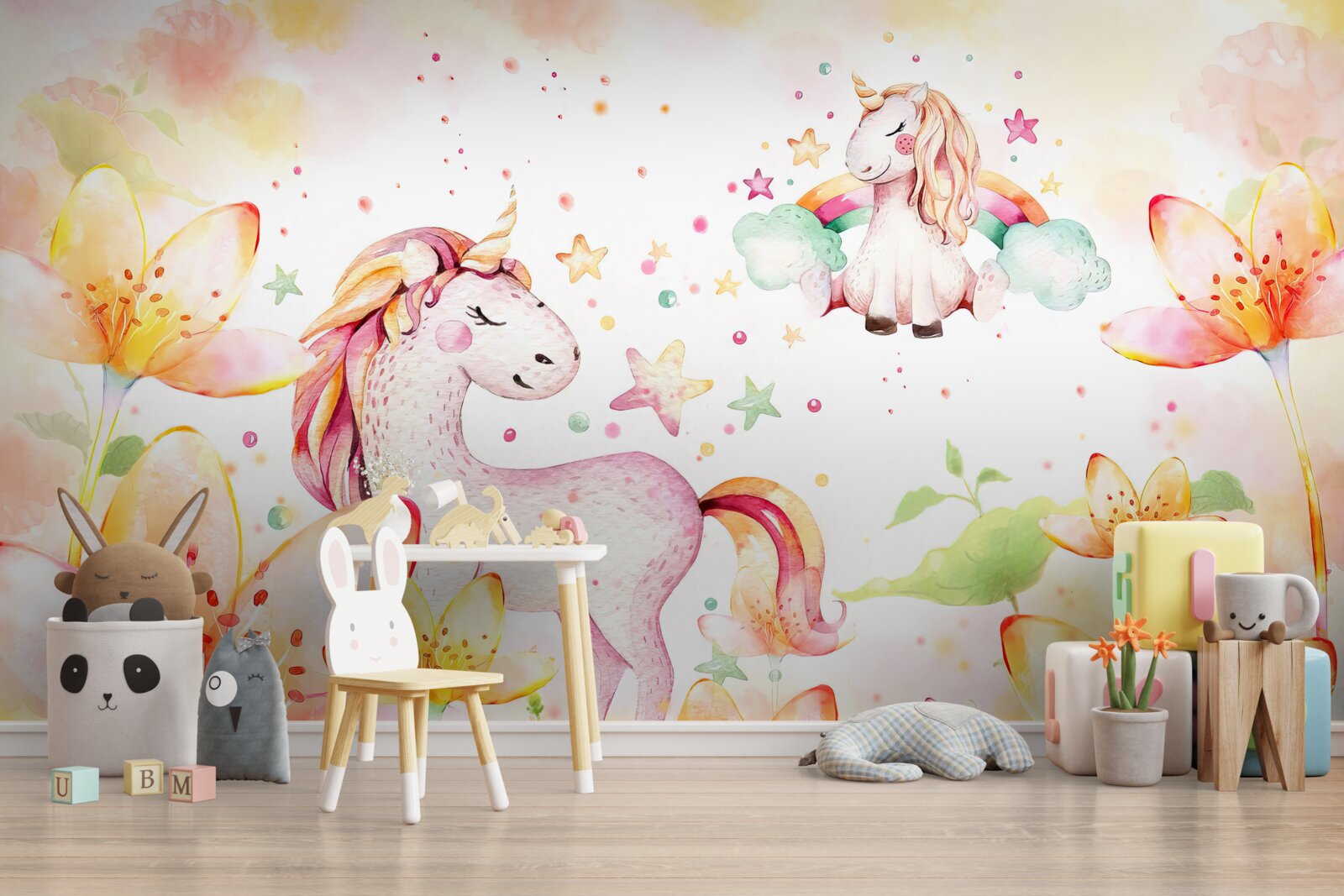 Carta da parati fiori intorno agli unicorni con gli occhi chiusi