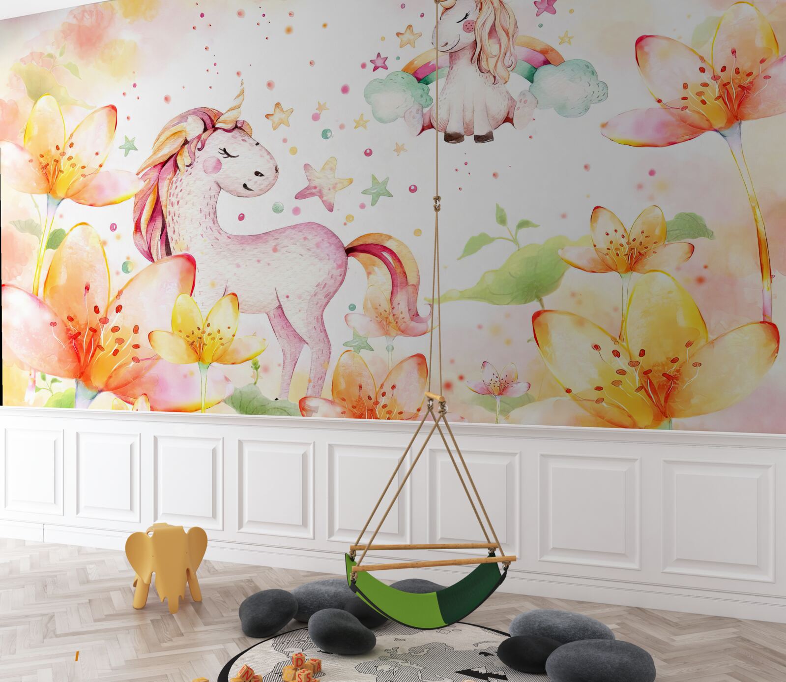 Carta da parati fiori intorno agli unicorni con gli occhi chiusi