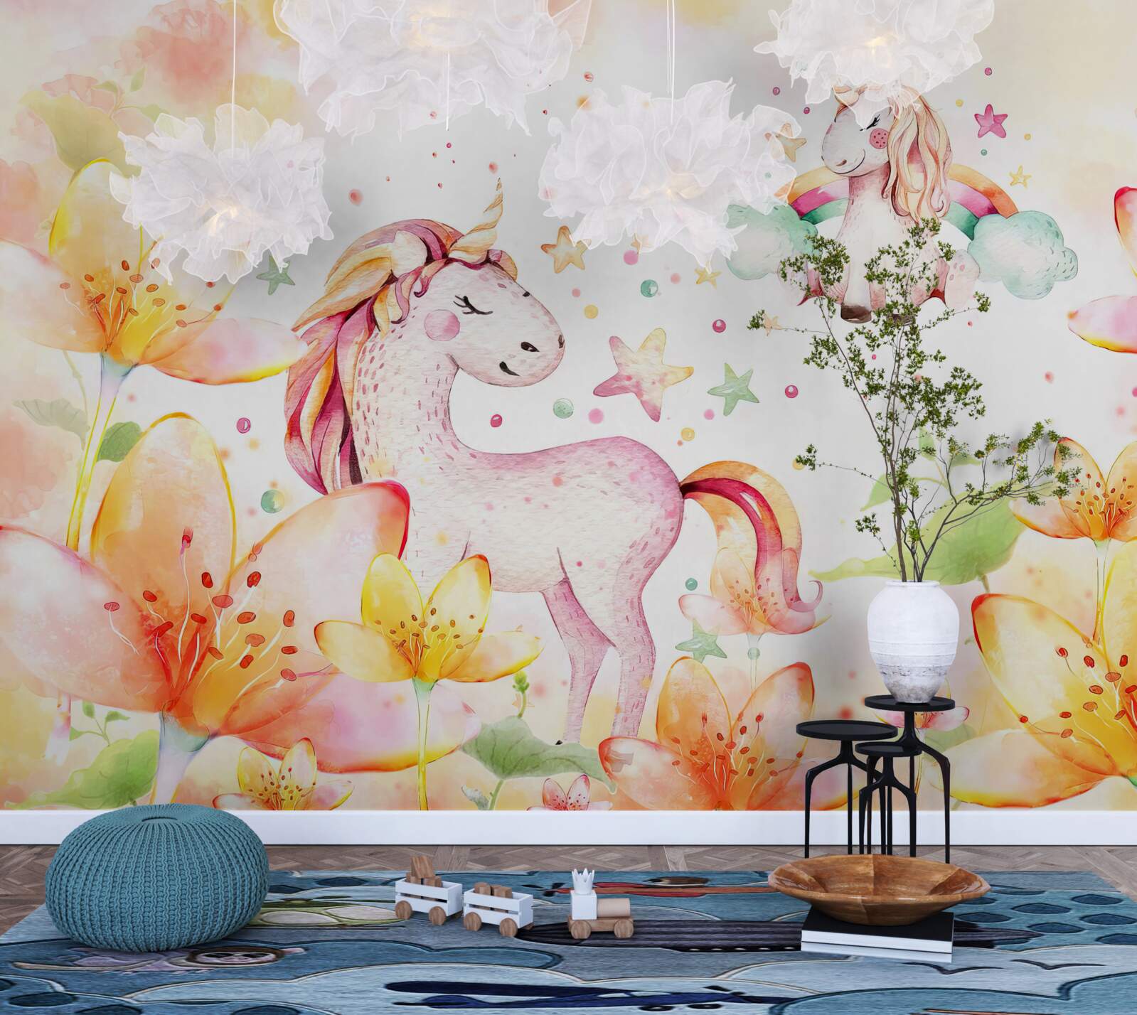 Carta da parati fiori intorno agli unicorni con gli occhi chiusi